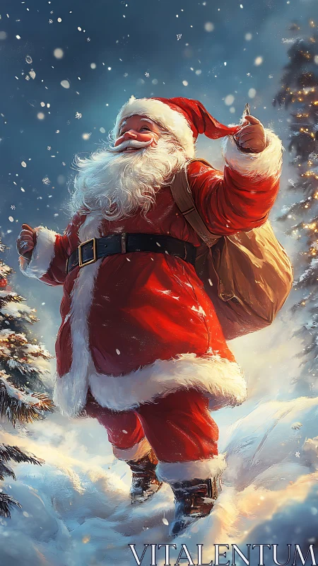 Santa in snowfall advances through luminous winter forest