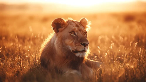Golden savanna lioness resting in warm sunset glow.