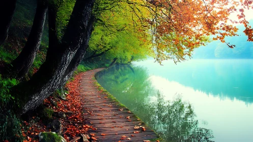 Lakeside woodland path with autumn foliage and misty reflections.