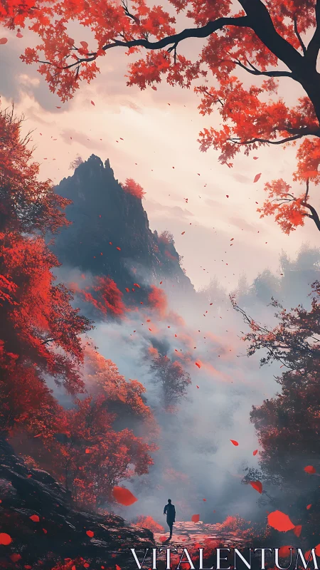 Lone figure walks misty canyon under vivid crimson trees