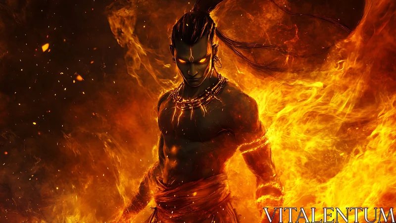 Fiery humanoid figure in orange flames with dark background.