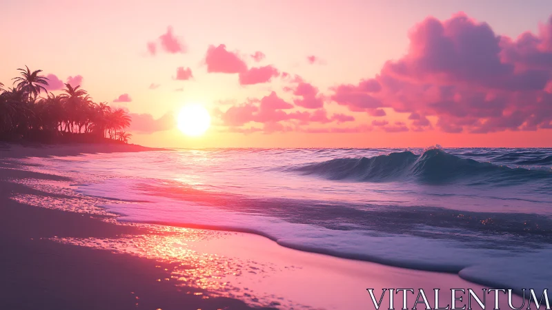Soft pink sunset glows over gentle tropical waves and shore