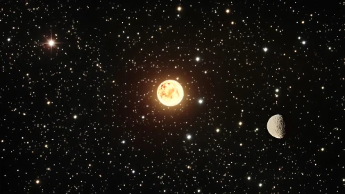 Glowing star and cratered moon in dense starfield view.