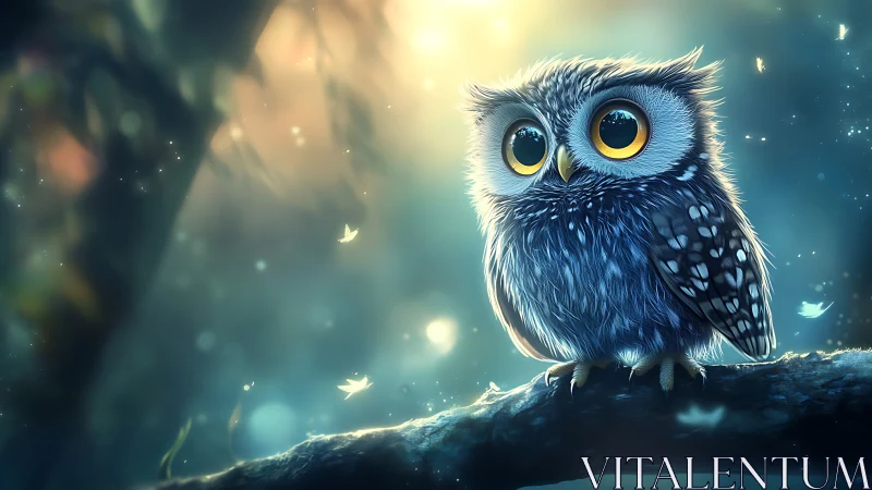 Adorable Big-Eyed Owl on Branch in Dreamy Fantasy Art Style.