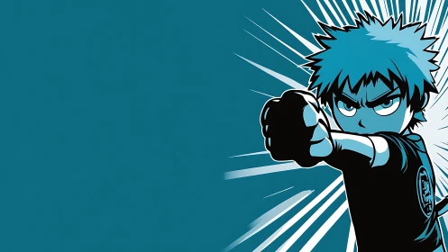 Blue toned anime boy punches forward with dynamic lines