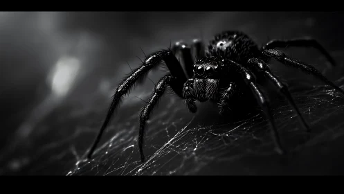 Brooding macro close-up of glossy black spider on webbed silk.
