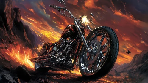 Chrome motorcycle roars through fiery canyon at sunset