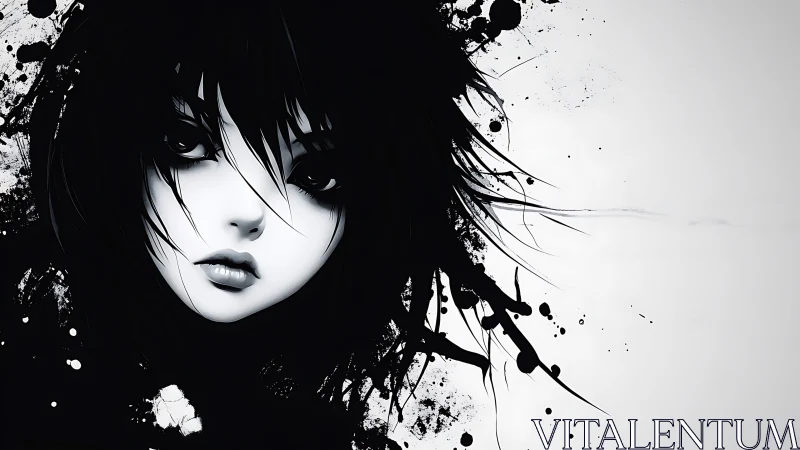 Ink-splashed monochrome girl dissolving into painted shadows.