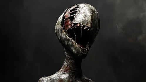 Rotting humanoid husk screams under fractured metal shell.