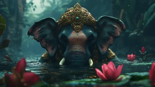 Regal blue elephant in lotus pond with ornate golden crown