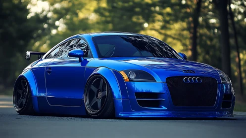 Midnight-blue street rocket gleams under forest hush.