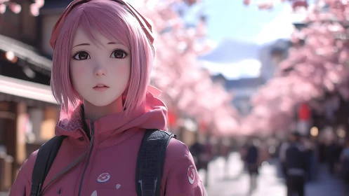 Pink haired traveler strolling under gentle cherry blossoms.
