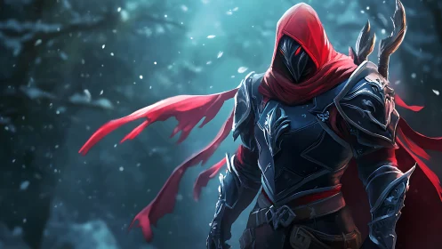 Fantasy hooded assassin in icy forest, dynamic red cloak.