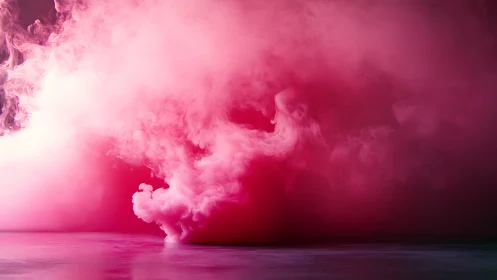 Dense pink vapor cloud over reflective flat surface.