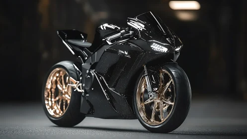 Midnight black sport bike with glowing gold street wheels.
