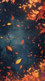 Orange leaves fall against a dark blue, space-like backdrop