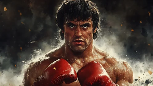 Digital portrait of athletic male boxer rendered with high-contrast cinematic lighting and particle 