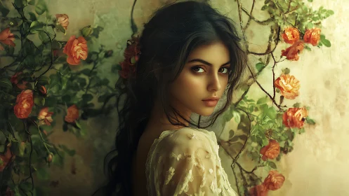 Mystical woman among roses gazes back in golden dusk light