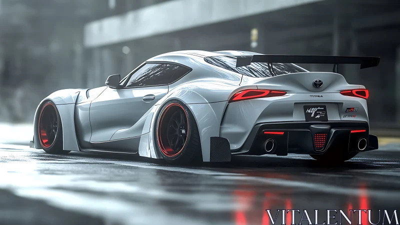 Widebody Toyota Supra dominates a slick urban streetscape.