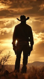 Lone cowboy silhouette waits under blazing western sunset.