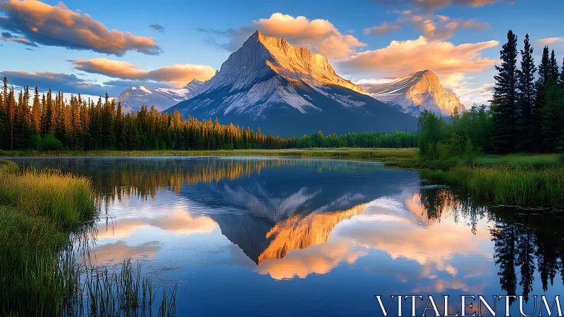 Sunlit alpine peak mirrored in a tranquil mountain lake.