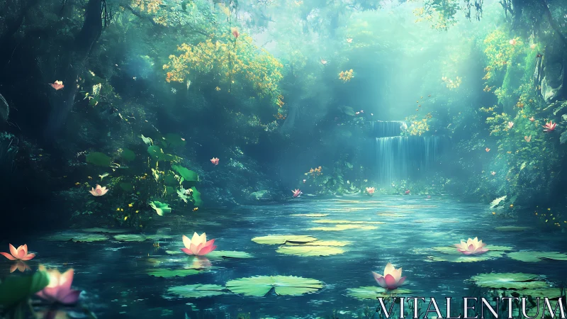Enchanted lily pond shimmers beneath soft forest waterfalls.