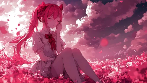 Girl resting in a pink flower field under dreamy skies.