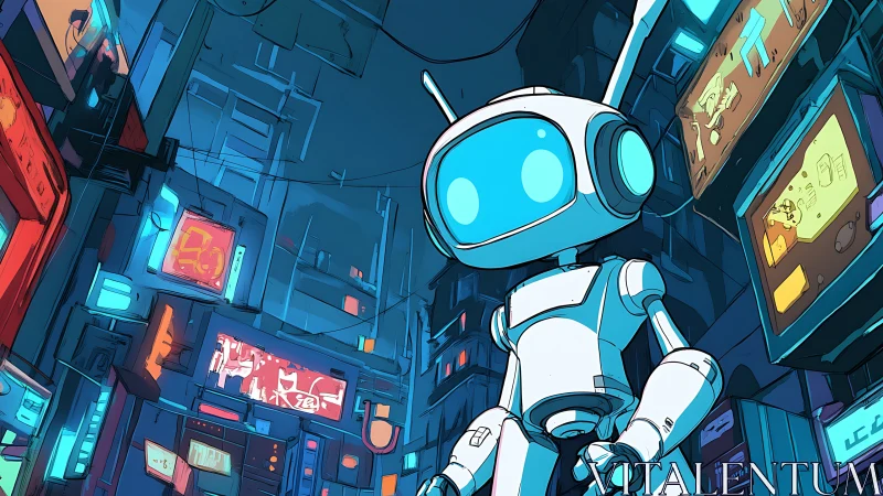 Friendly robot explores neon cyber alley with glowing billboards.