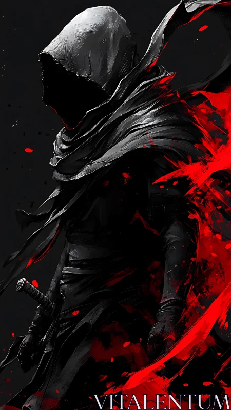 Hooded shadow warrior strides through scarlet chaos.