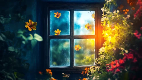 Window View: Yellow Flowers and Sunlit Garden.
