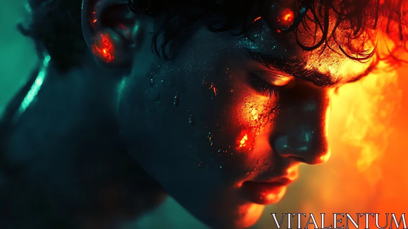 Biothermal portrait with volumetric firelight reflections.