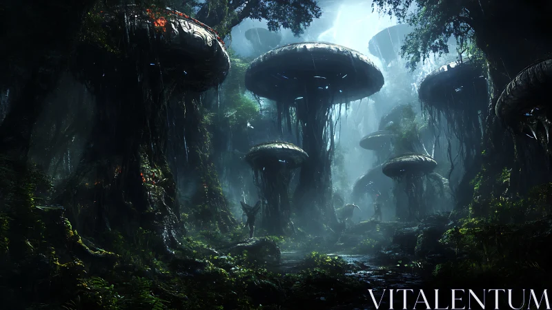 Bioluminescent mega fungi rise through dense alien rainforest.