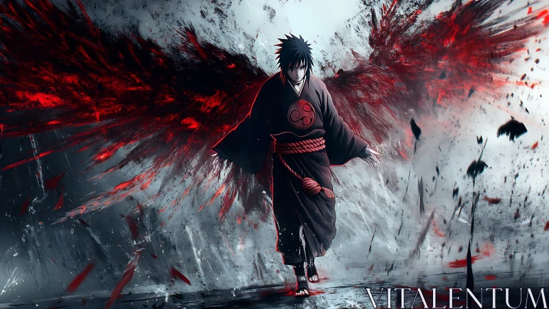 Dark anime warrior with red spectral wings in storm