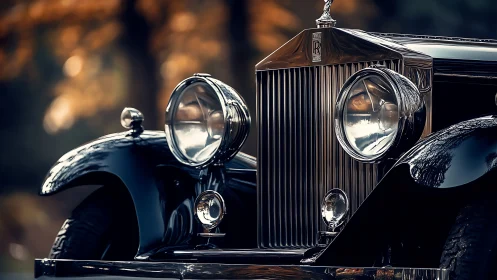 Classic Rolls-Royce front end gleams in warm evening light