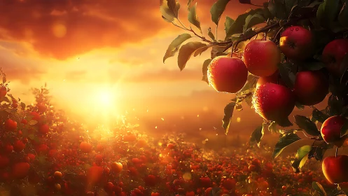 Digital painting of sunlit apple orchard at golden hour perspective.