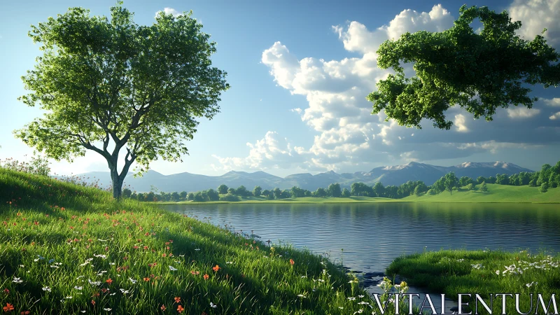 Sunlit lakeside meadow captures detailed atmospheric depth