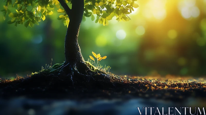 Young sapling growing beneath tree in dreamy sunlight, nature art.