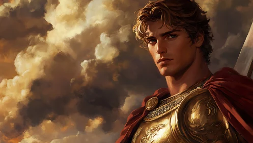 Golden armored hero under storm-lit clouds at dusk.