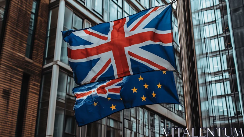 Union Jack and EU flag captured in dynamic urban wind motion