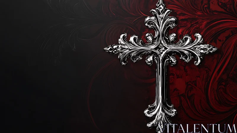 Baroque silver cruciform emblem on dark red ornamental field