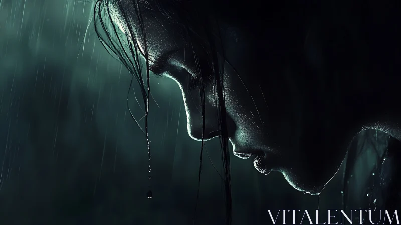 Wet human profile leans downward under dense falling rain