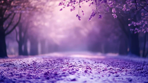 Tree-lined path lies under purple foliage and soft light