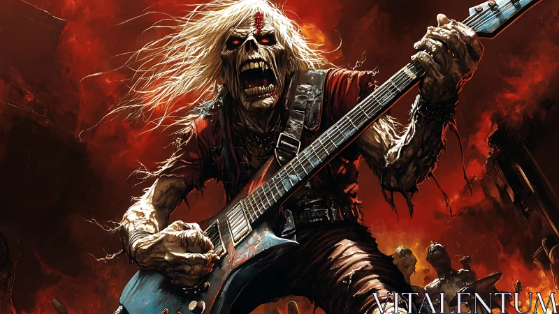 Fierce undead guitarist unleashing a wild metal storm.