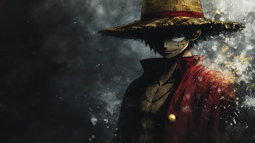 Straw hat anime figure stands in dramatic smoky lighting