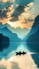 Peaceful boat journey across a glowing mountain lake at dawn.