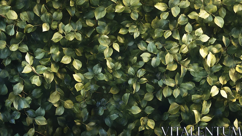 Sunlit green foliage wall with dense overlapping leaves.