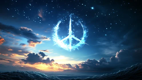 Celestial peace symbol glowing over cinematic ocean horizon.