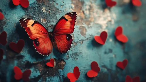 Red butterfly rests on textured blue wall among paper hearts