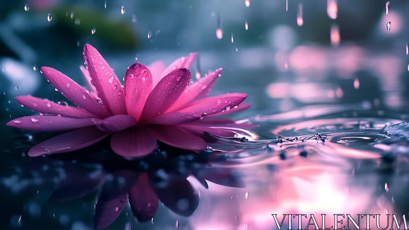 Pink lotus macro on reflective water under soft rainfall.