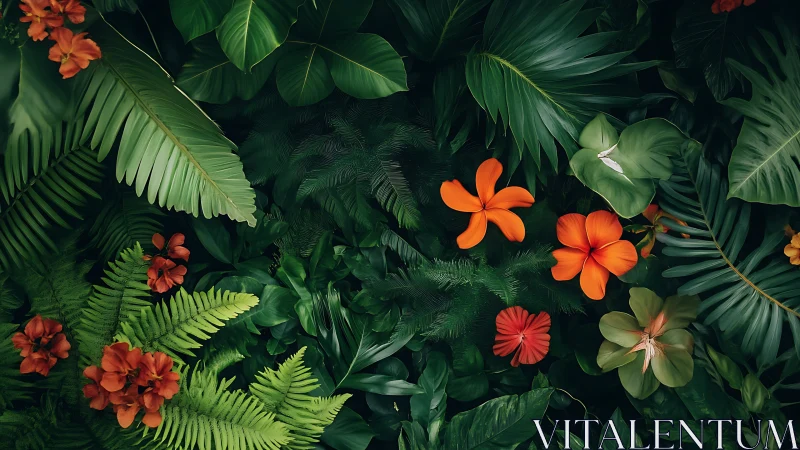 Dense tropical foliage with orange hibiscus blooms overhead.